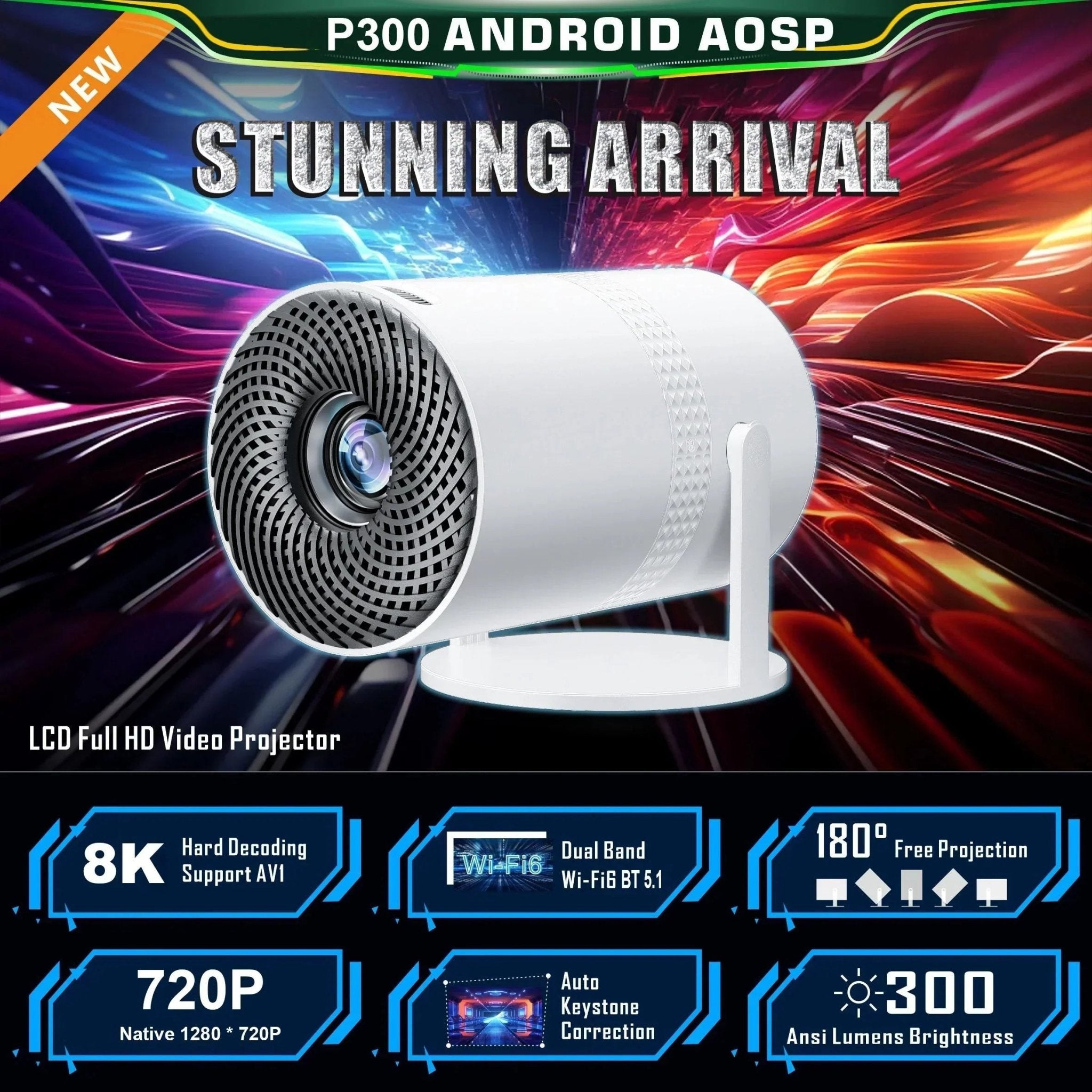 Salange P300 Mini Portable Projector - 4K 8K Video Decoding, 720P HD, Android 11, Wi - Fi, BT 5.1 - TrendyTechWorldTrendyTechWorldTrendyTechWorldSalange P300 Mini Portable Projector - 4K 8K Video Decoding, 720P HD, Android 11, Wi - Fi, BT 5.1
