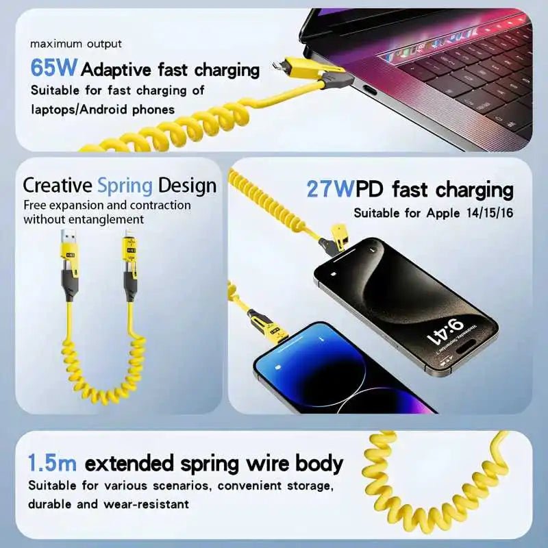 4 in 1 65W Spring Short Data Cable 6A USB Type C Spring Telescopic Quick Charger Wire Spring USB Cable for Iphone 15 14 13 12 - TrendyTechWorldTrendyTechWorld313031015067TrendyTechWorld4 in 1 65W Spring Short Data Cable 6A USB Type C Spring Telescopic Quick Charger Wire Spring USB Cable for Iphone 15 14 13 12