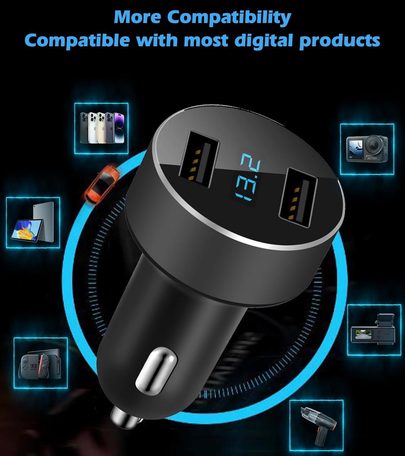 2 USB Car Charger,12V/24V Voltage Meter, Output 4.8A, Cigarette Lighter Plug Adapter Compatible with Iphone,Ipad, Samsung, USB Charging Devices, Black - TrendyTechWorldTrendyTechWorld313106779764TrendyTechWorld2 USB Car Charger,12V/24V Voltage Meter, Output 4.8A, Cigarette Lighter Plug Adapter Compatible with Iphone,Ipad, Samsung, USB Charging Devices, Black