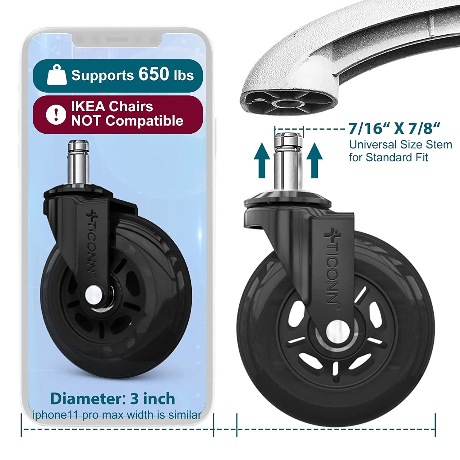 Office Chair Caster Wheels Set of 5 for Tile, Hardwood Floors and Carpets, Universal Fit for Most Chairs (Black) - TrendyTechWorldTrendyTechWorld7445024396358TrendyTechWorldOffice Chair Caster Wheels Set of 5 for Tile, Hardwood Floors and Carpets, Universal Fit for Most Chairs (Black)